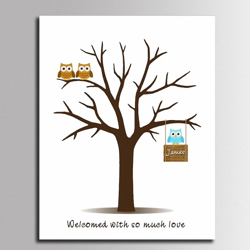 Счастливая семья сов DIY отпечаток пальца Подпись Холст Картина Гостевая книга