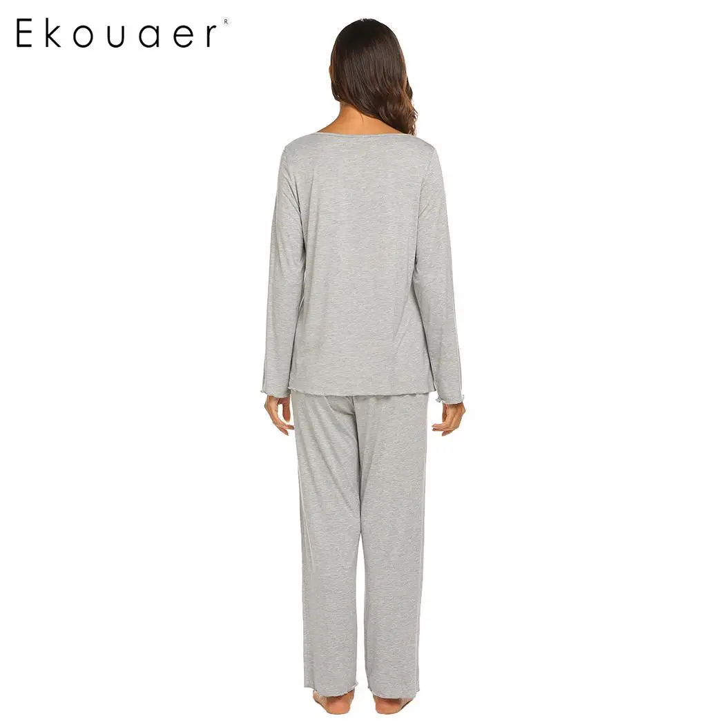 Ekouaer осенне-зимние женские пижамные комплекты, одежда для сна с длинным рукавом и v-образным вырезом, длинные штаны с рюшами, пижамный комплект, женские пижамы, одежда для сна