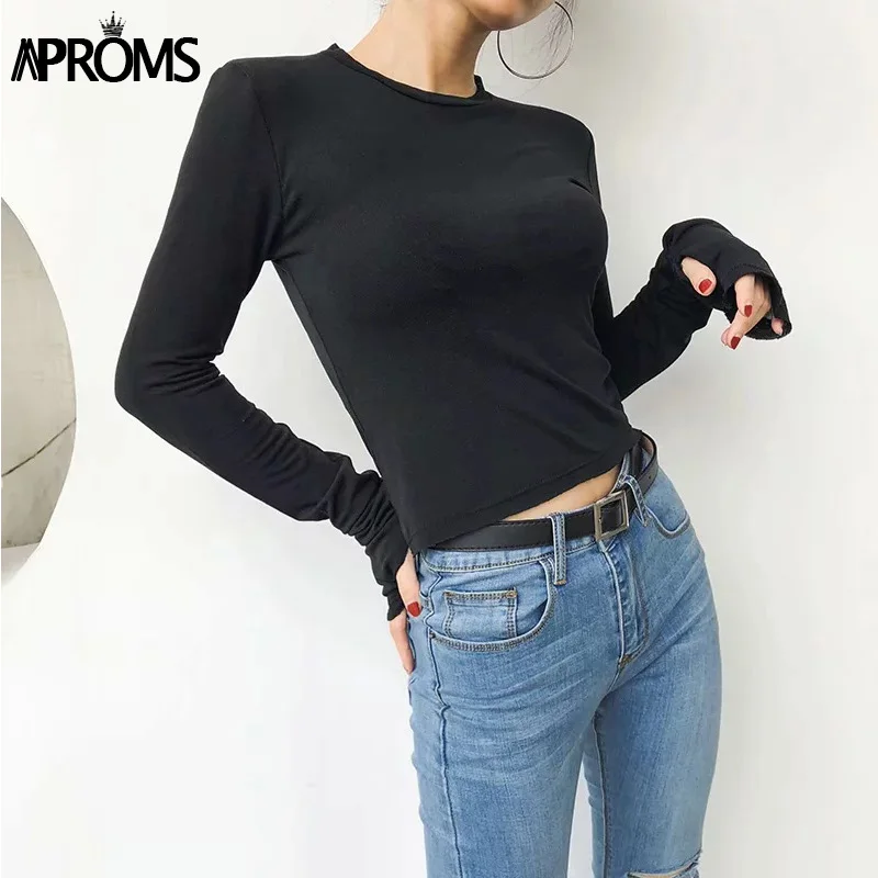 Aproms однотонная корейская модная базовая футболка с длинным рукавом, Женский хлопковый топ, осенняя уличная тонкая футболка, женские белые ржавчины футболки