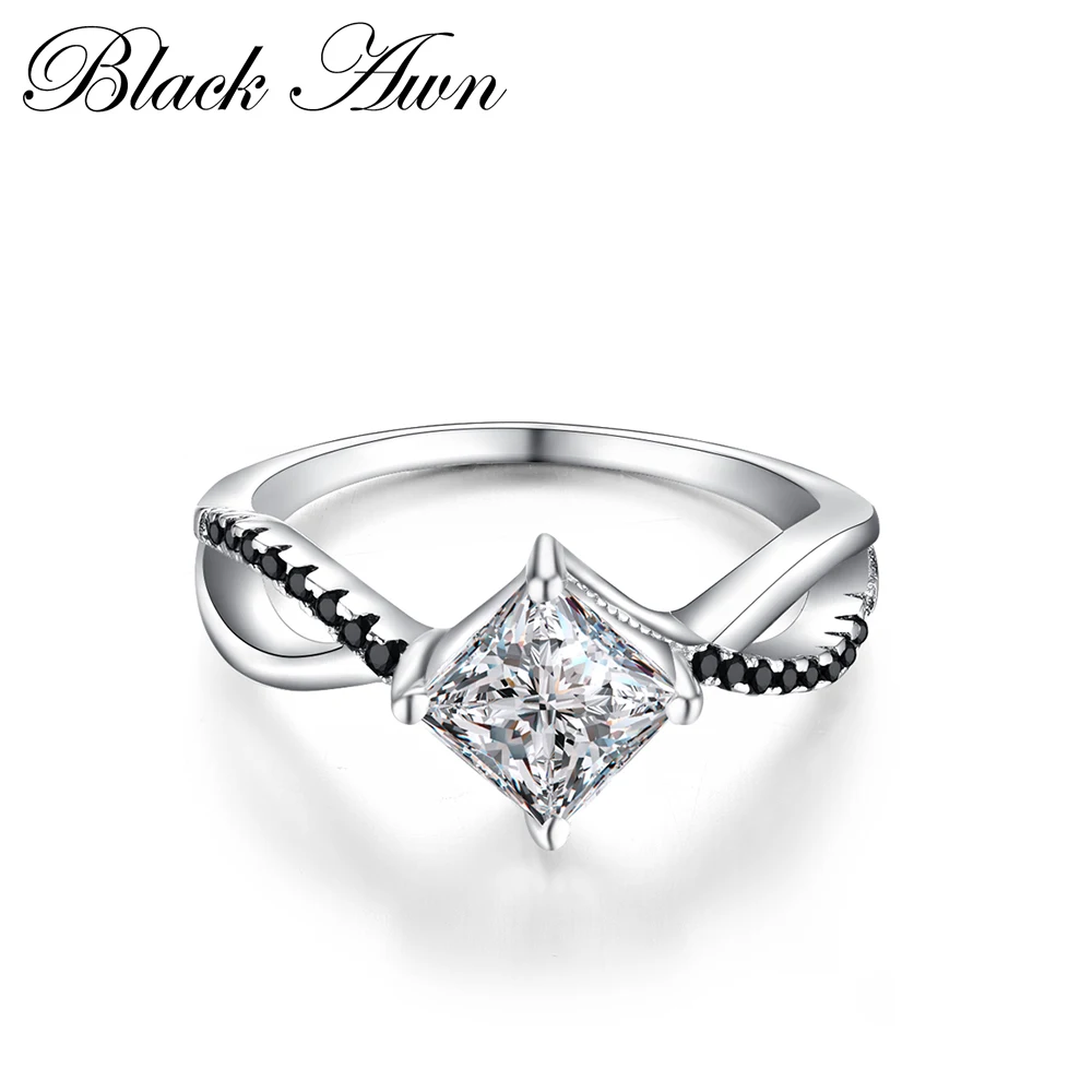 BLACK AWN 2020 Genuine 100% Sterling 925 Silver Jewelry Square Engagement Rings for Women Black&White Stone Bague Bijoux C260