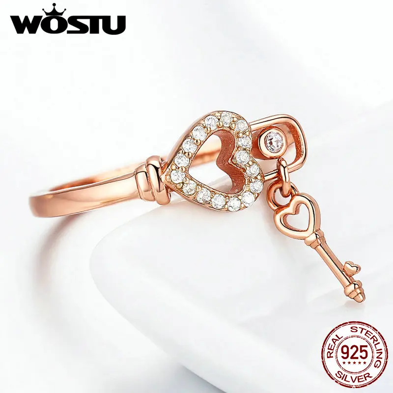 WOSTU, классическое кольцо с замком любви, 925 пробы Серебряное кольцо с замком Love You, кольцо из розового золота с прозрачным фианитом для женщин, ювелирное изделие FIR501