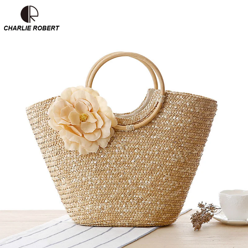 

Handmade Woven Flowers Straw Bags Women New Summer Rattan Bag Beach Top-Handle Bag Four Colors Circle Bohemia Handbag Bali Box