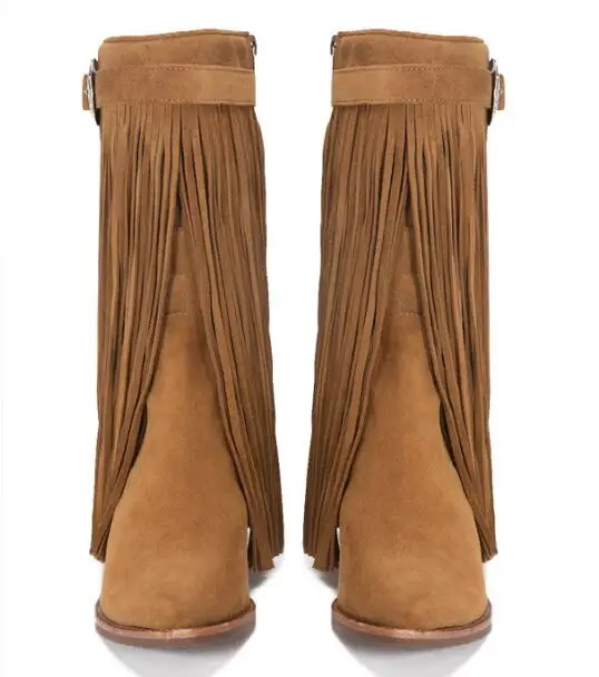 

Matte leather vintage rubbing long tassel boots buckle long tassel ankle boots brown black leather in stock