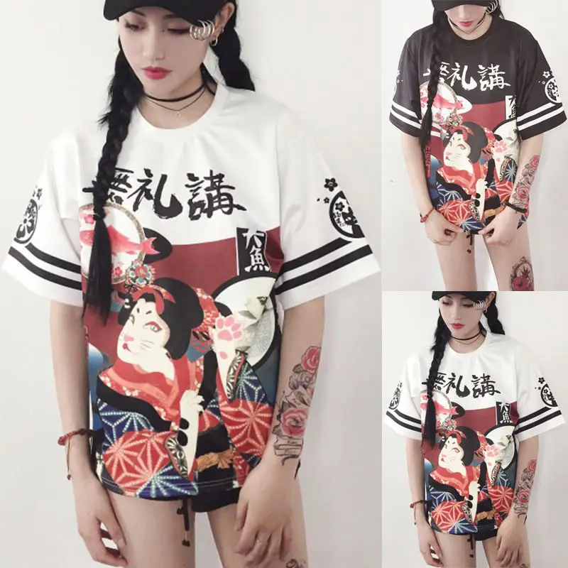 Горячая мода весна лето Genki японская девушка печать свободная футболка студент