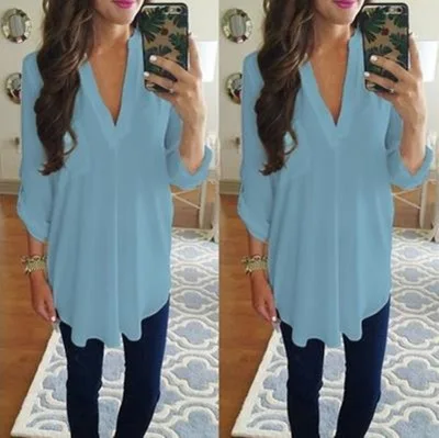 2018 популярная шифоновая рубашка с длинным рукавом и v образным вырезом топ