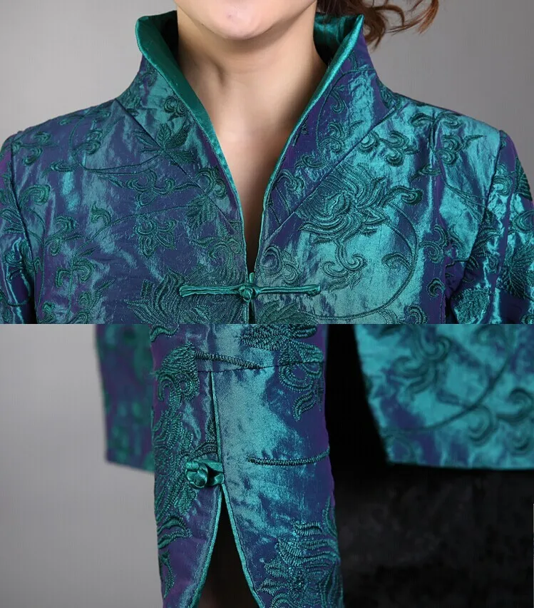 Лидер продаж синяя винтажная Женская шелковая атласная куртка с вышивкой пальто