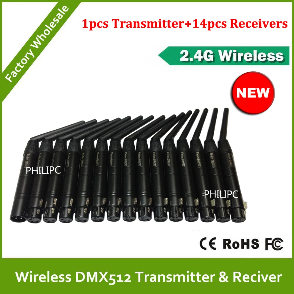 

1 set=1pcs Wireless DMX Transmitter+14pcs DMX512 receiver dmx controller 500M male and female 2.4G wireless controller