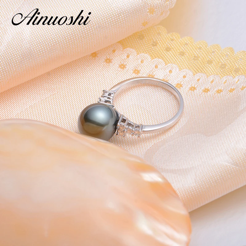 AINUOSHI AAAA Tahitian 10 мм черный культивированный жемчуг кольцо стерлингового серебра 925 Юбилей изделия Круглый Sea Pearl Ring