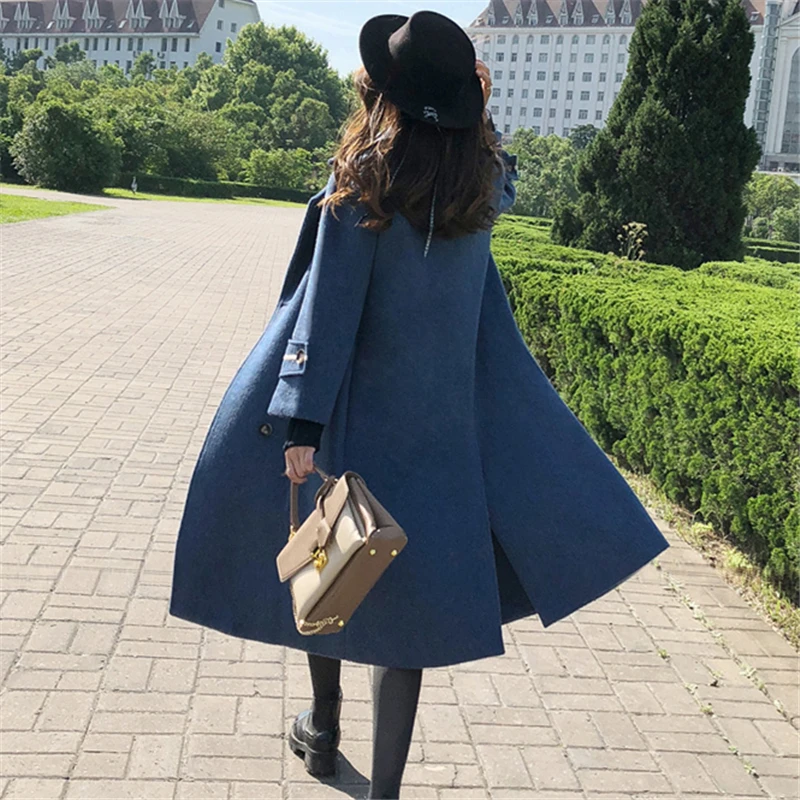 2019 модное синее шерстяное пальто женское осень зима двубортное длинное