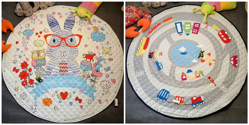 Cartoon Round Infant Crawling Mat Children Toys Storage Bag Baby Kids Floor Play Mat Drawstring Toy Storage Organizer
