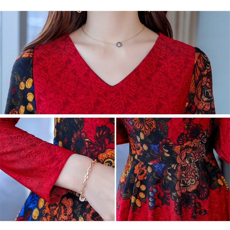 Женское платье с цветочным принтом Элегантное повседневное длинным рукавом