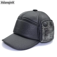xdanqinx winter new pu mens hat thick warm baseball caps middle aged leather cap plus velvet earmuffs hats brands dads hat