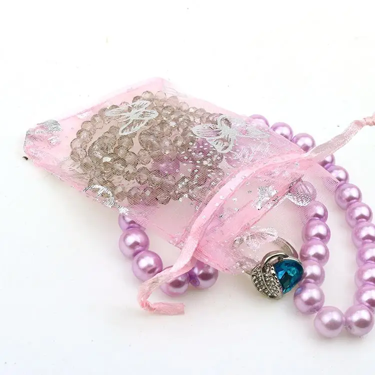 Маленькие мешочки на шнурке для ювелирных изделий 7 Х9 см розовая бабочка