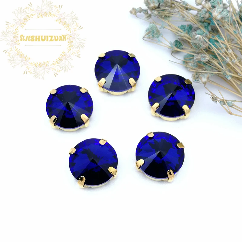 New product Satellite Sapphire blue Crystal Glass Sewing Rhinestones with gold Claw DIY Wedding Dresses | Дом и сад
