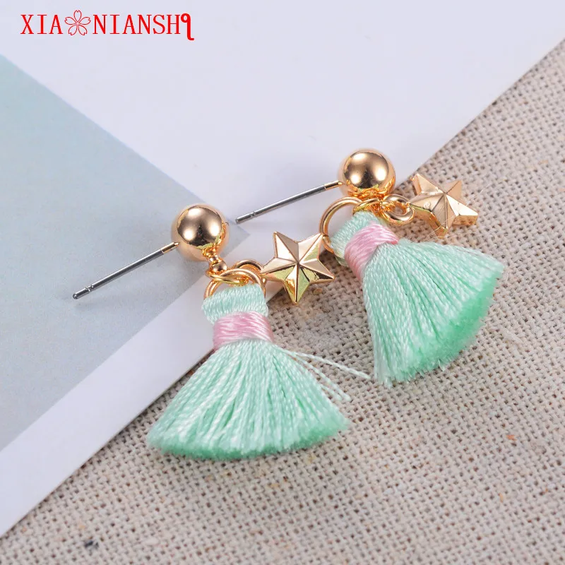 XIAONIANSHI brand the most beautiful red and green fluffy five-pointed star stud earrings fiber long tassel earrings for women