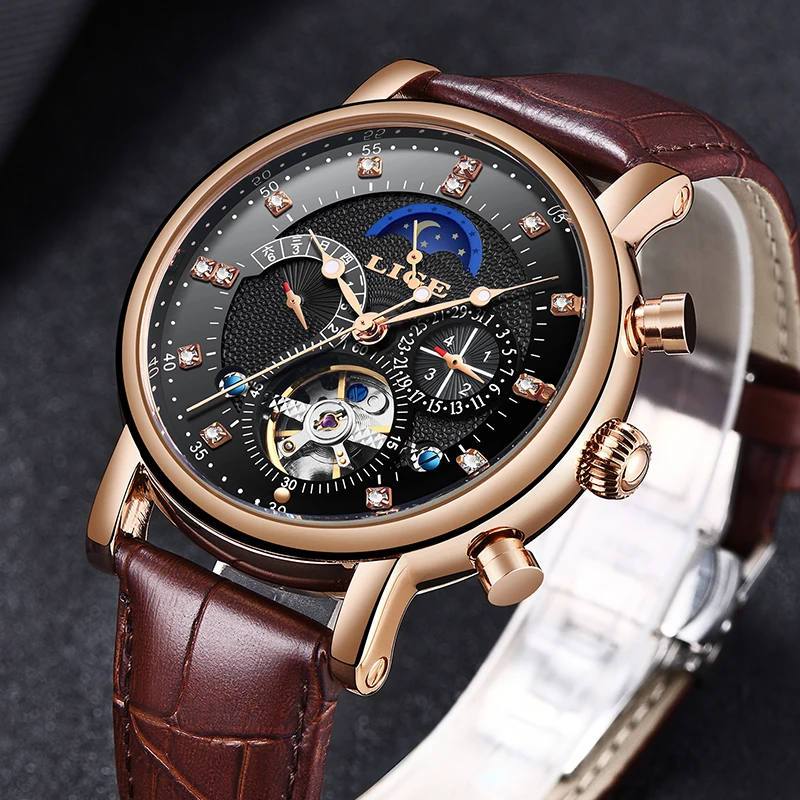 LIGE Брендовые мужские часы автоматические механические Tourbillon спортивные кожаные