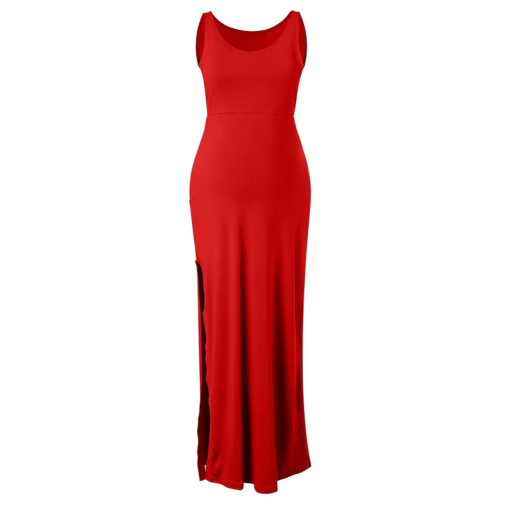 Женские однотонные платья с круглым вырезом без рукавов разрезом длинные для