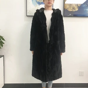Черный Hot Sell Natural Rex Rabbit Fur Winter Woman Coats Long Fashion Genuine Fur Coats Women Real Rex Rabbit Fur Coat Warm - Цвет: Черный