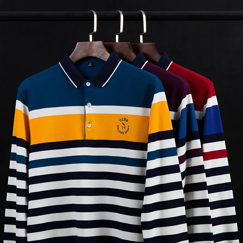 Autumn winter New Polo Shirt High Quality Brand 100% Cotton Men's Business Casual Striped Solid Men | Мужская одежда