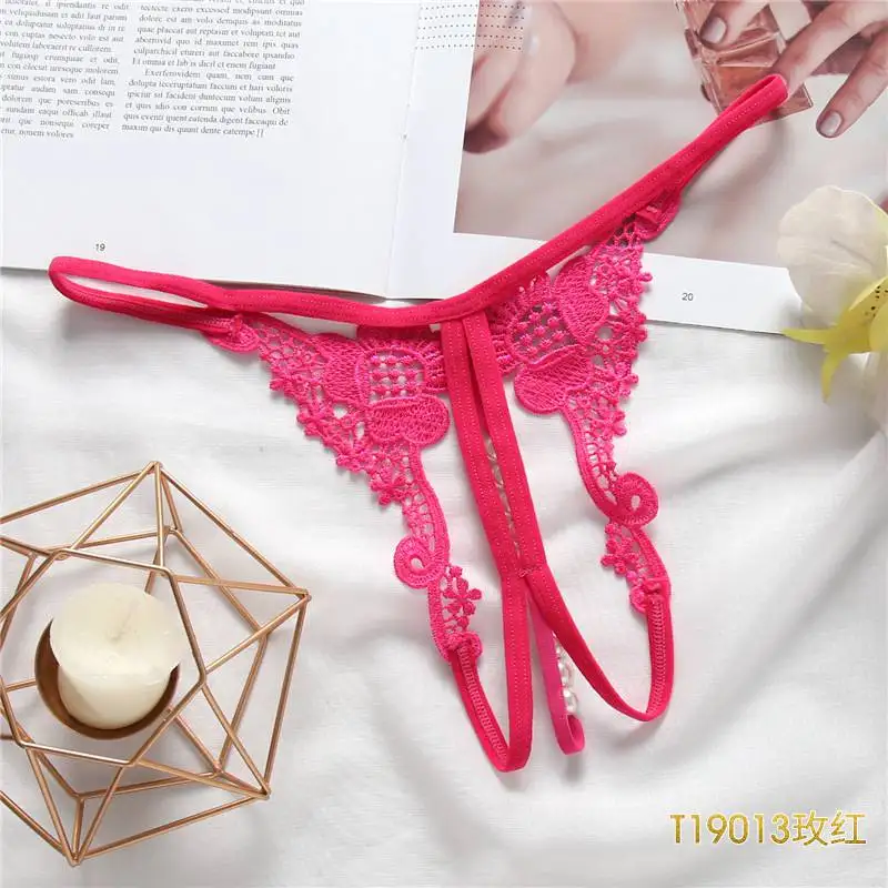 Rose red JSY, женские Эротические трусики с открытой промежностью, кружевные стринги с вырезами, стринги с искусственным жемчугом, женские сексуальные трусы с Т-образной спинкой для секса - Цвет: Rose red