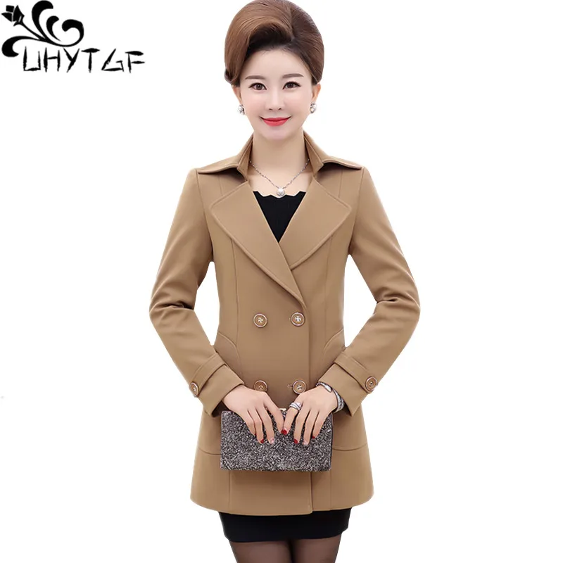 

UHYTGF Mid-Length Women Trench Coat Fashion Double-Breasted Spring Autumn Coats Female Loose 5XL Plus Size Outerwear Women's 312