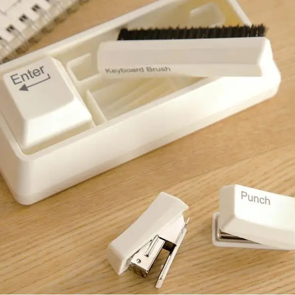 

Mini Stapler Hole Punch Keyboard Brush Clip Holder Set Keyboard Stationery