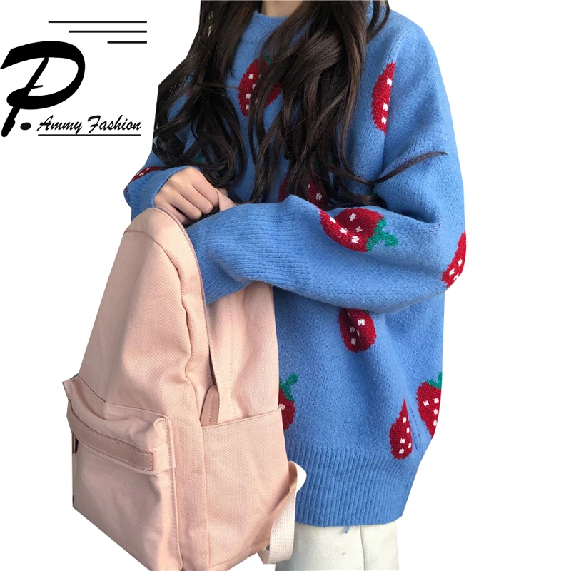 2018 new winter fashion warm knit sweaters women's Korean version of loose strawberry thicken O-neck pullover sweater | Женская