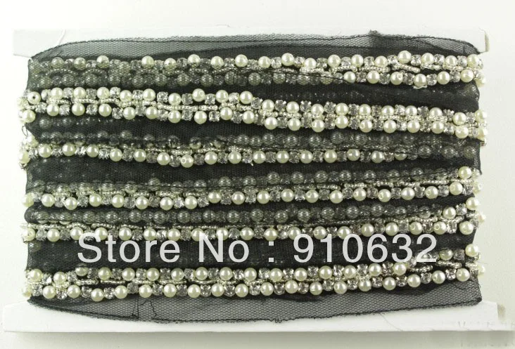 1 ярд черные кружева и жемчужные кристаллы цвета слоновой кости отделка бисером