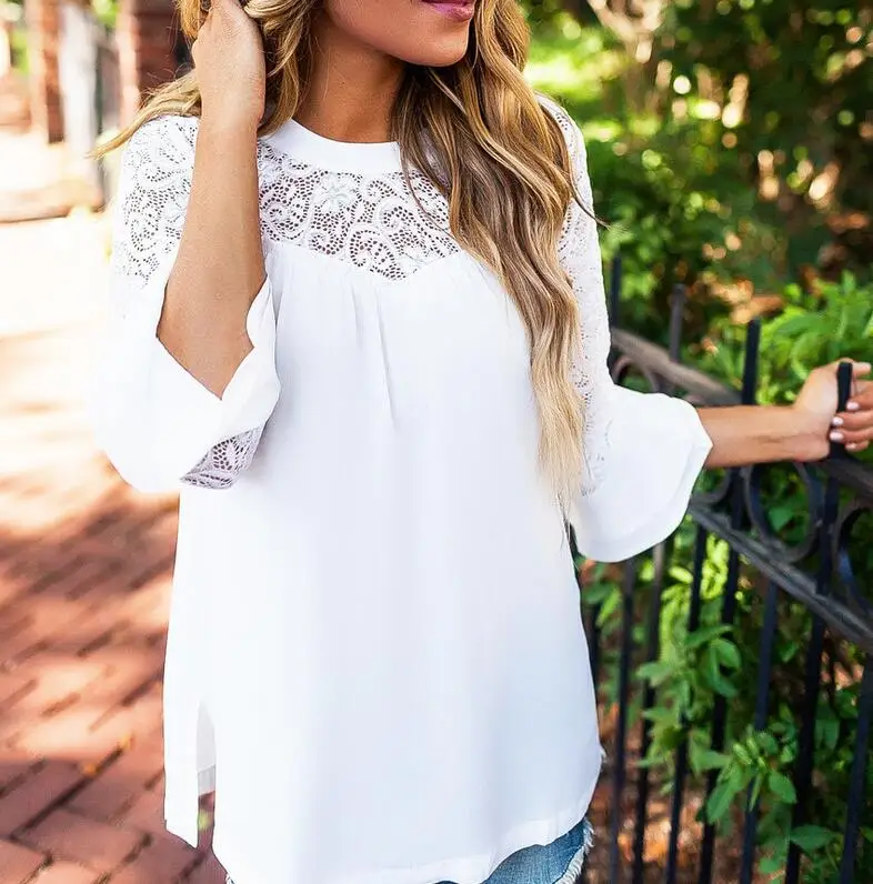 Белая Повседневная Блузка с кружевом летняя однотонная женская блузка рукавом