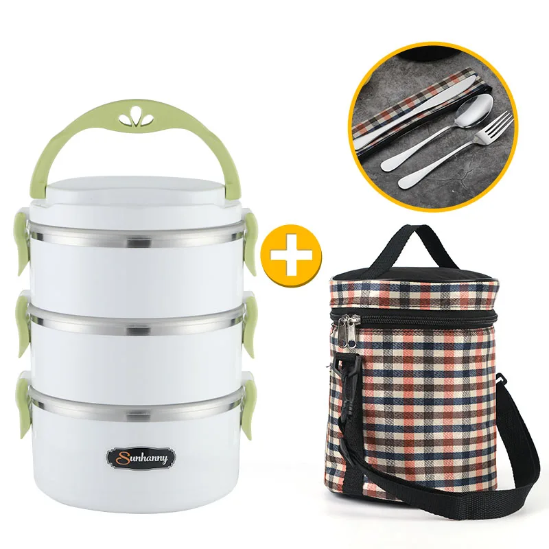 Green 3-layer Sunhanny термальный Ланч-бокс, контейнер для еды, Bento box из нержавеющей стали, ланчбокс для детской школы с термосумкой и столовыми приборами - Цвет: Green 3-layer