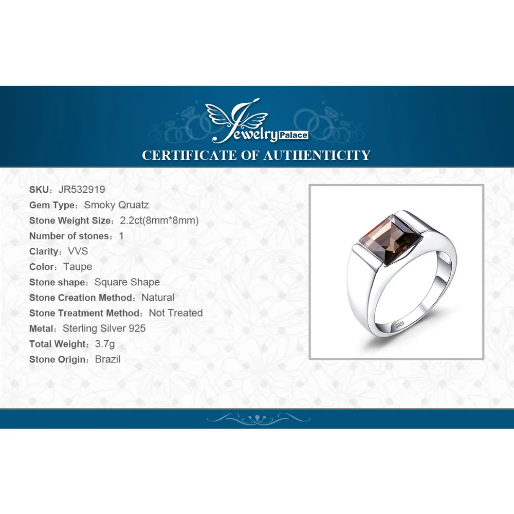 Jewelrypalace 2.3CT дымчатый Quartzs Свадебные Кольца для Для мужчин чистый Твердые 925 Щепка