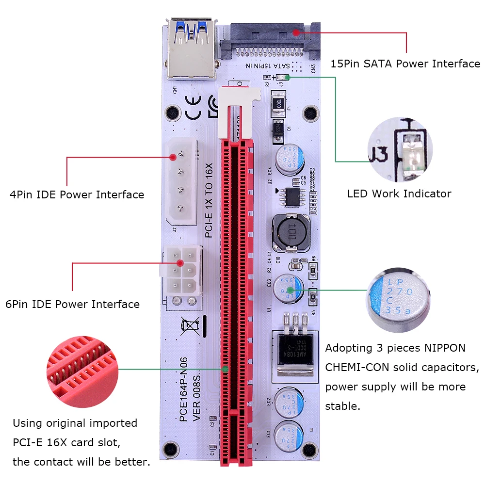 CHIPAL 100 шт. 60 см VER008S M.2 NGFF M ключ к USB 3 0 PCI E Riser Card Интерфейс с SATA 6Pin 4Pin Molex Мощность для