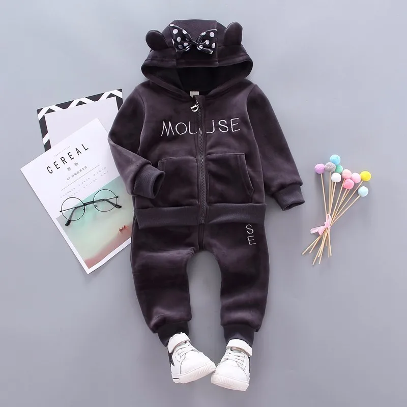 LF zimu Dark Grey Осенне-зимние детские комплекты одежды для маленьких девочек Детская Повседневная Вельветовая куртка с капюшоном и бантиком, штаны спортивные костюмы для малышей, одежда - Цвет: LF zimu Dark Grey