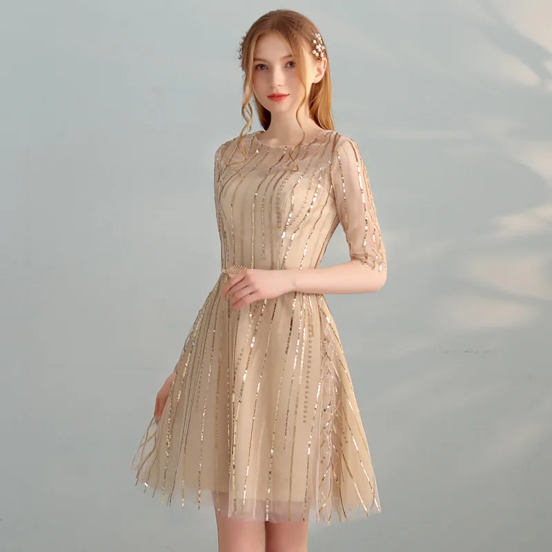 Vivian's Bridal 2018 Блестки Золотые листья пояса женское короткое вечернее платье