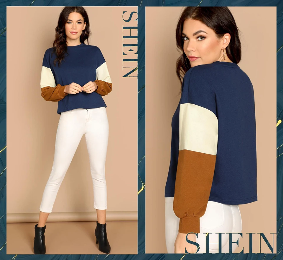 SHEIN Свитшот С Контрастным Рукавом, Стильный Повседневный Свитшот