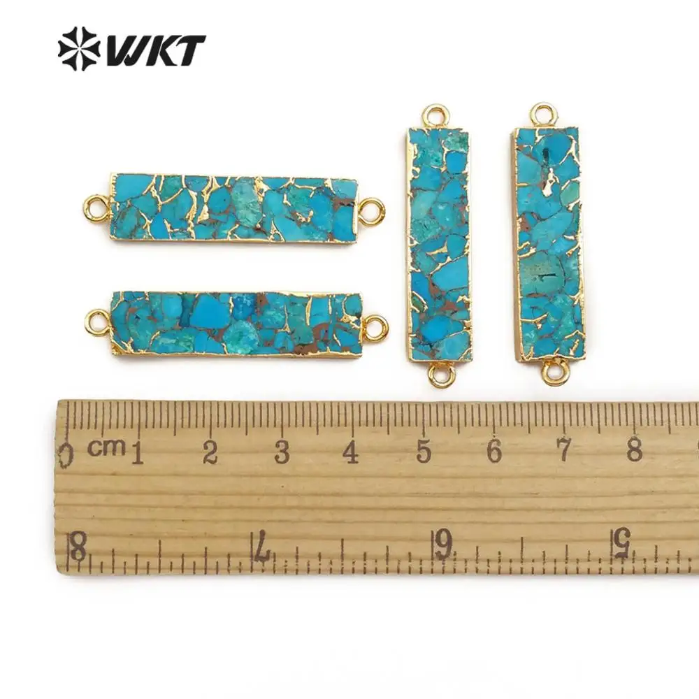 WT-C283 WKT Золотой Гальванизированный прямоугольник синяя венка Turquoises Двойной Прямоугольный коннектор кулон для изготовления ювелирных изделий
