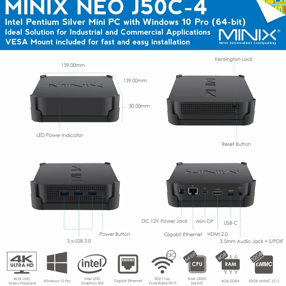 MINIX Новый NEO J50C 4 объемом памяти Гб/64GB официальная WINDOWS 10 PRO серии мини ПК Intel Pentium
