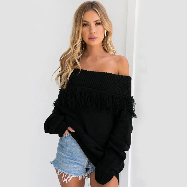 Off Shoulder Women Sweaters Pullovers Jersey Autumn Winter Oversized Knitted Sweater Long Sleeve Jumper Runway Tassel | Женская одежда