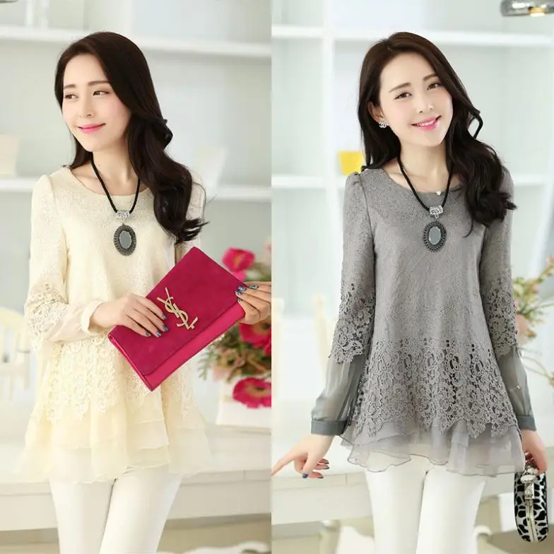 Blusas femininas, блузка с длинным рукавом, весна, формальная элегантная Корейская женская цветочная открытая кружевная шифоновая блузка N15