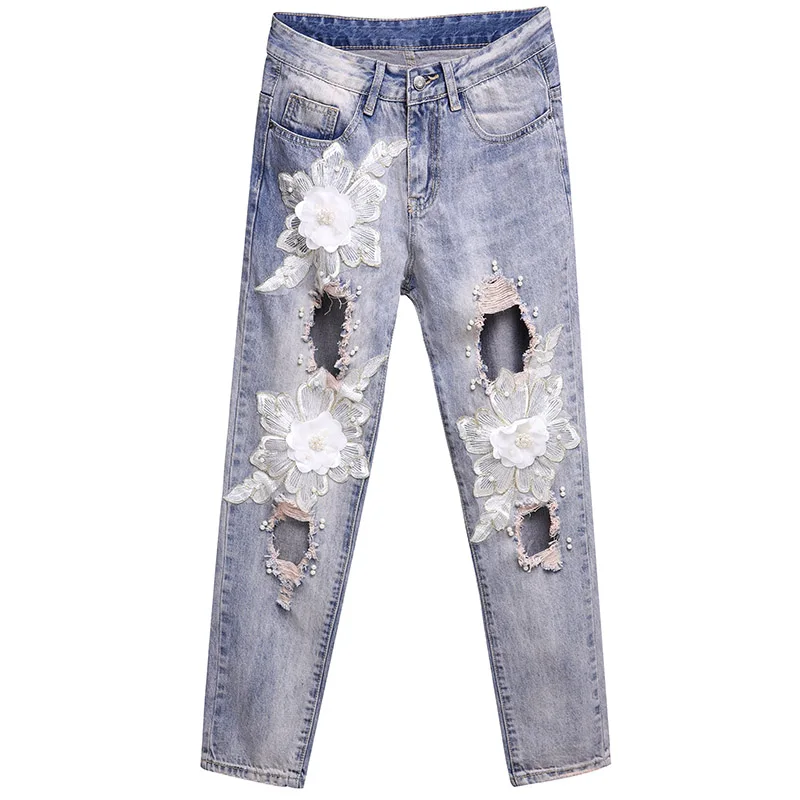 

Summer New Ripped Flower Sequin Jeans Women Mid Waist Sexy Vintage Hole Jeans Women Slim Casual Loose Denim Ankle Length Pants
