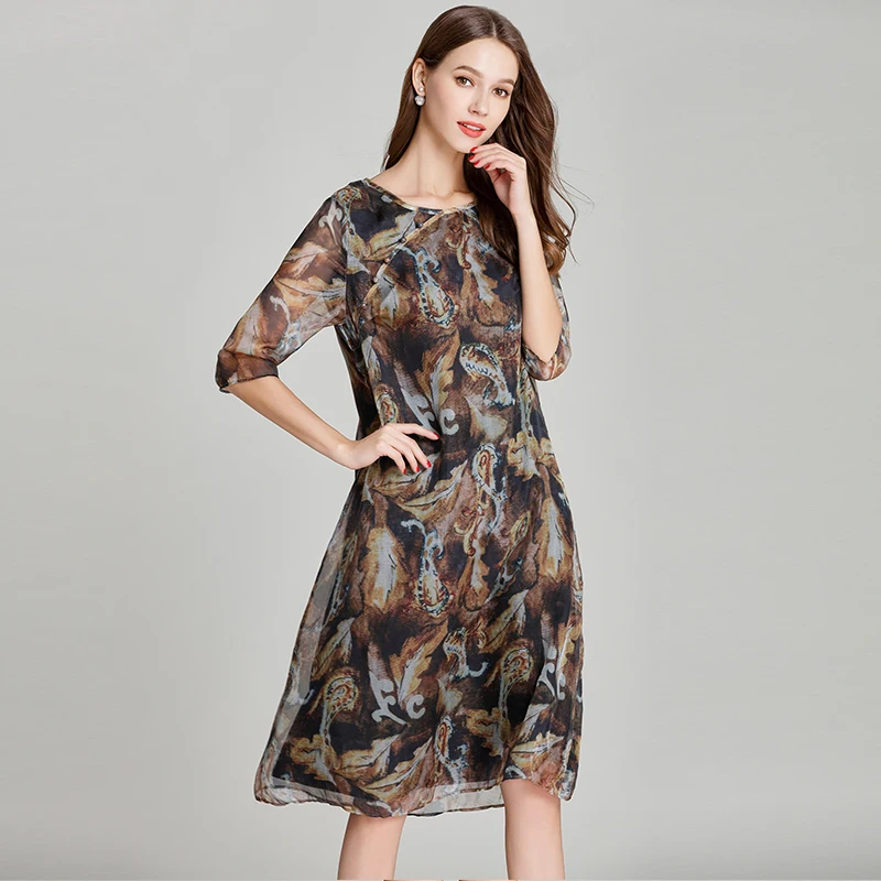 

High Quality 2019 Half Print O Neck Large size Dress Sexy Women PatchworkVintage Simple Night Club Loose Party Dresses Wholesale