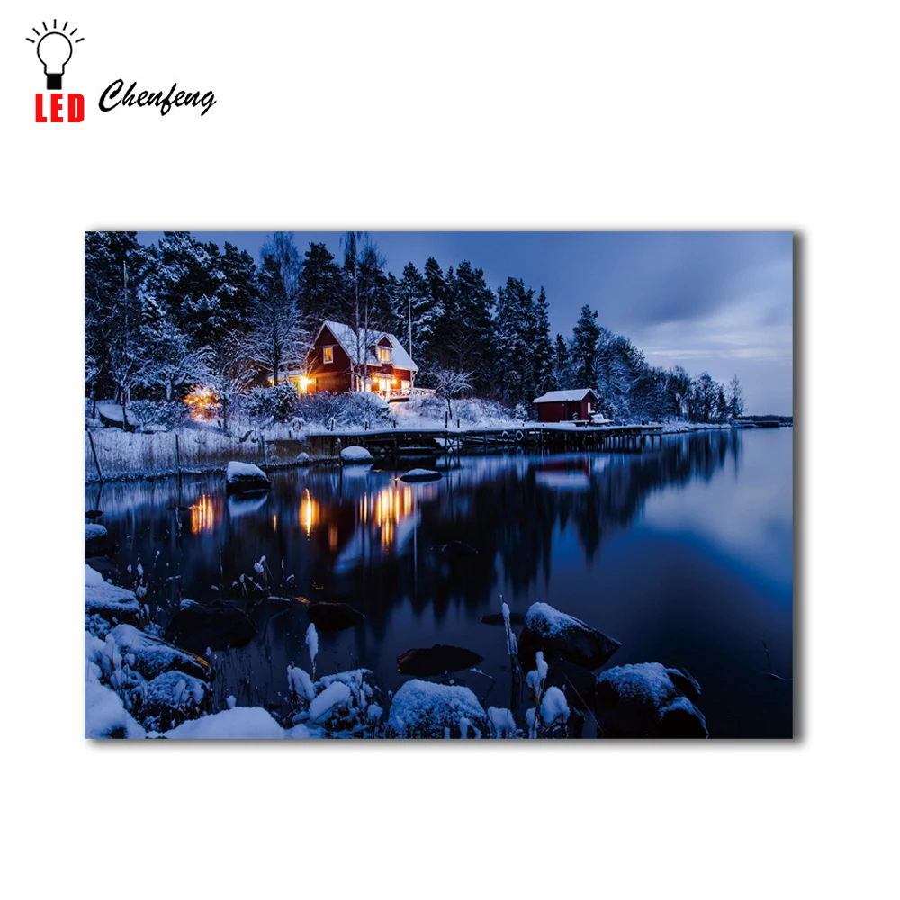 Lighted canvas printing led wall art decorative Snowy Cabin scene winter landscape Painting on Canvas holidaygift | Дом и сад