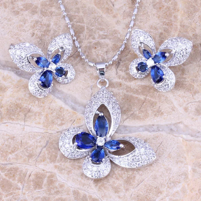 Блестящие бабочка Голубой цирконий белый цирконовые серебряные серьги кулон
