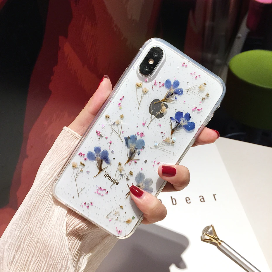Живые цветы сушат прозрачный силиконовый чехол для iphone X 6 S 7 8 плюс Чехол телефона