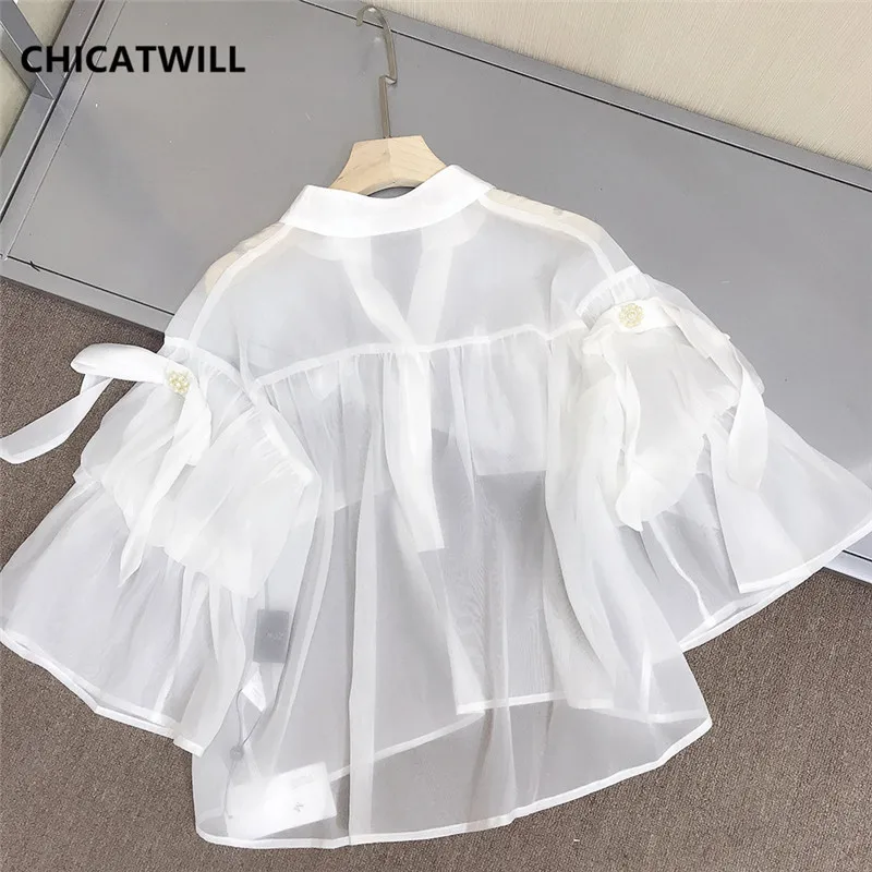 CHICATWILL Summer Designer French style office lady white ruffles Blouses women elegant Flare Sleeves OL Tops |