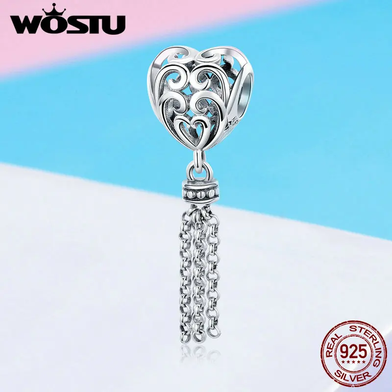 WOSTU Новое поступление 2019 925 пробы серебряный с кисточкой сердцем шарм подходит