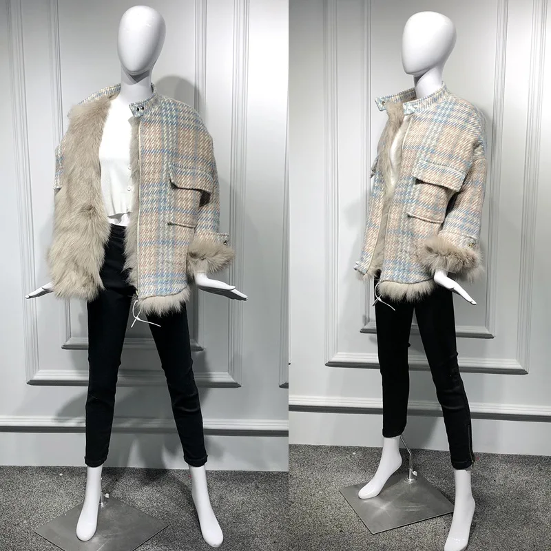 Клетчатая Зимняя парка из твида и лисьего меха пальто женская теплая