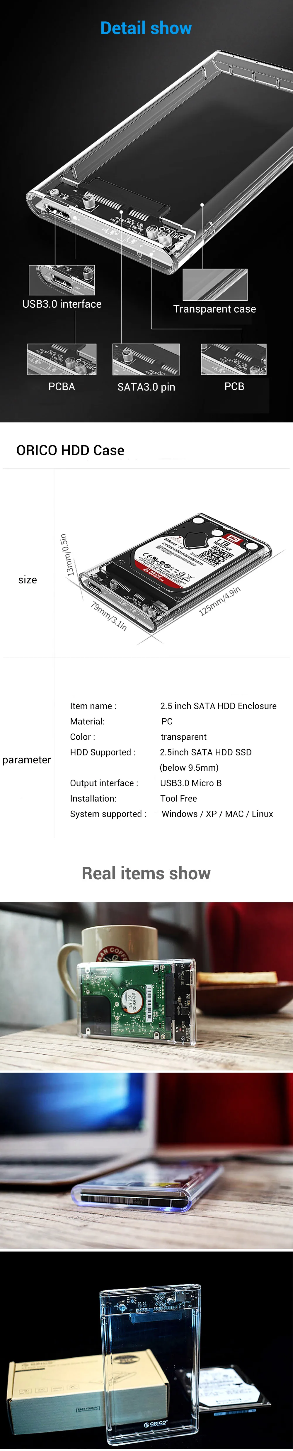ORICO 2,5 дюймовый Прозрачный чехол для жесткого диска USB3.0 на Sata 3,0, 5 Гбит/с, поддержка 2 ТБ, протокол UASP, корпус для жесткого диска 2139U3