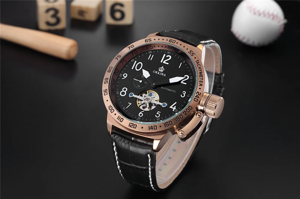 Механические Мужские часы ORKINA Skeleton Tourbillon, автоматические, классические, розовое золото, кожа, механические наручные часы, Reloj Hombre
