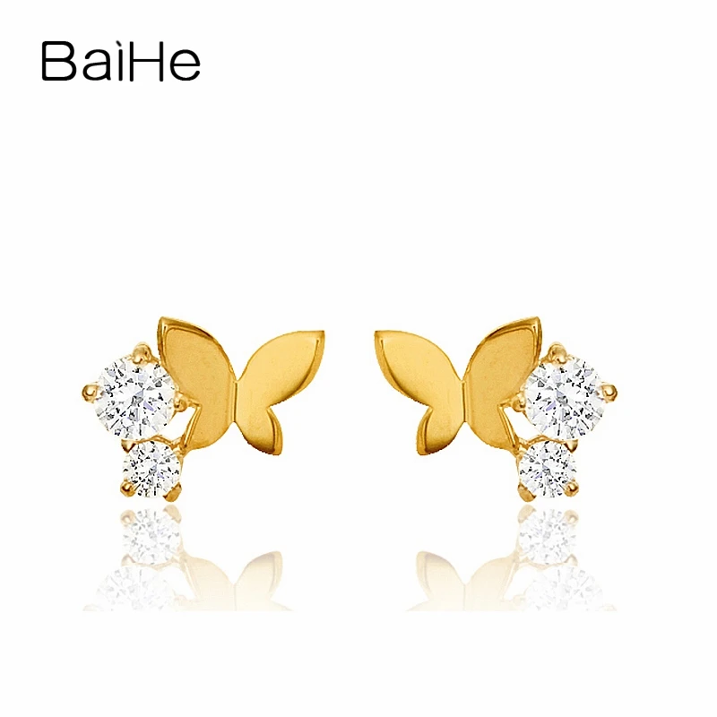 BAIHE Твердые 18K желтое золото 0.09CT H/SI круглые серьги с натуральными бриллиантами